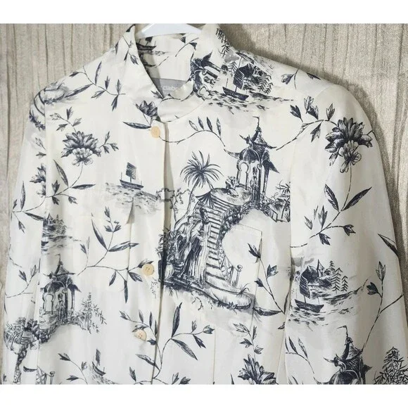 Vintage Liz Claiborne 100% Silk Chinoiserie Blazer Stand Collar Floral White -10 - Picture 2 of 7